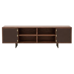 Walnut Credenza with Open Shelves, Leather Doors & Bronze Hardware, iN STOCK