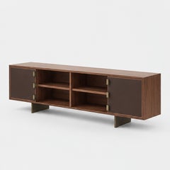 Walnut Credenza with Open Shelves, Leather Doors & Bronze Hardware, iN STOCK