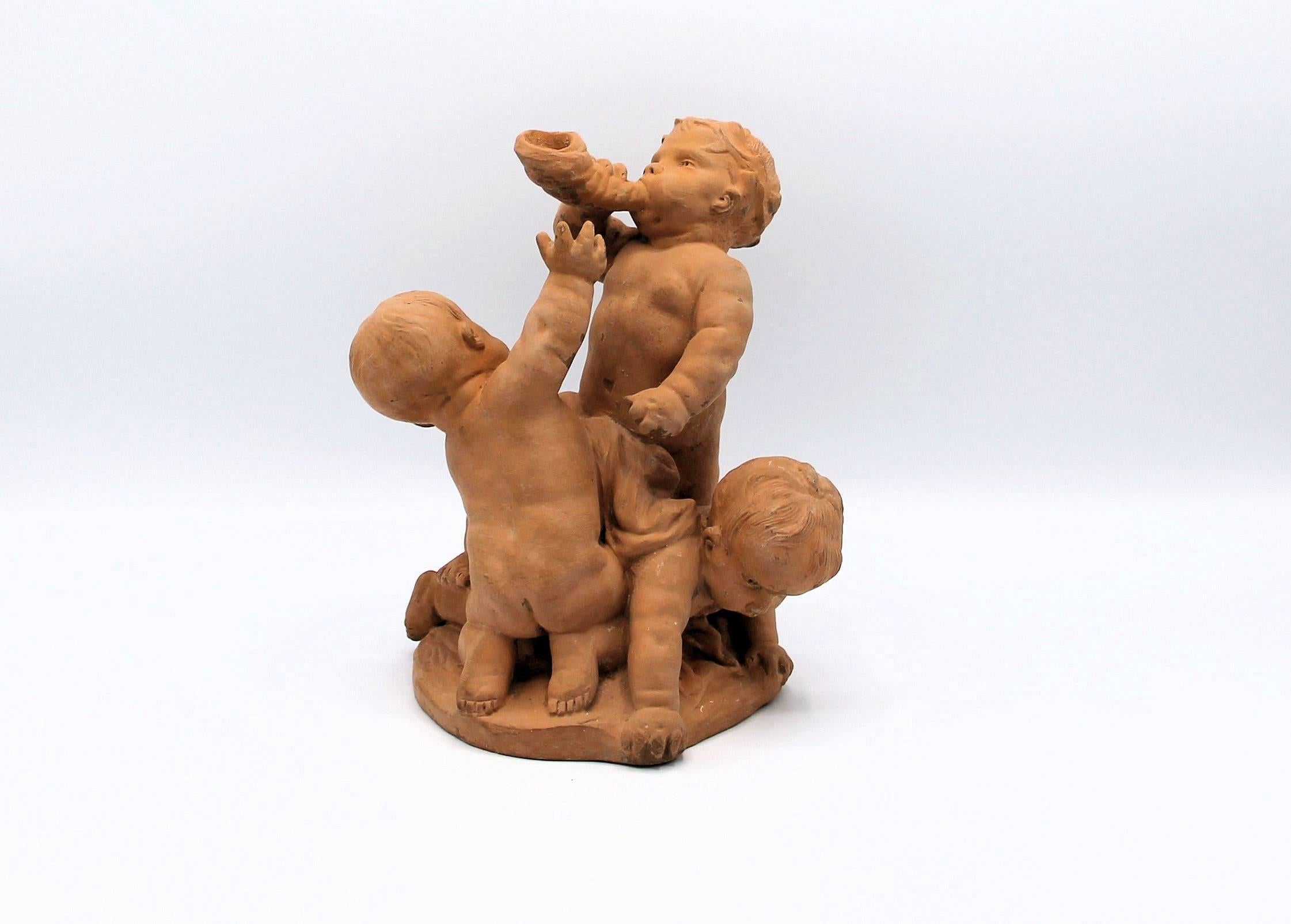 Edme Samson, Pair of Terracotta Sculptures of Playing Putti In Good Condition For Sale In Heiloo, NL