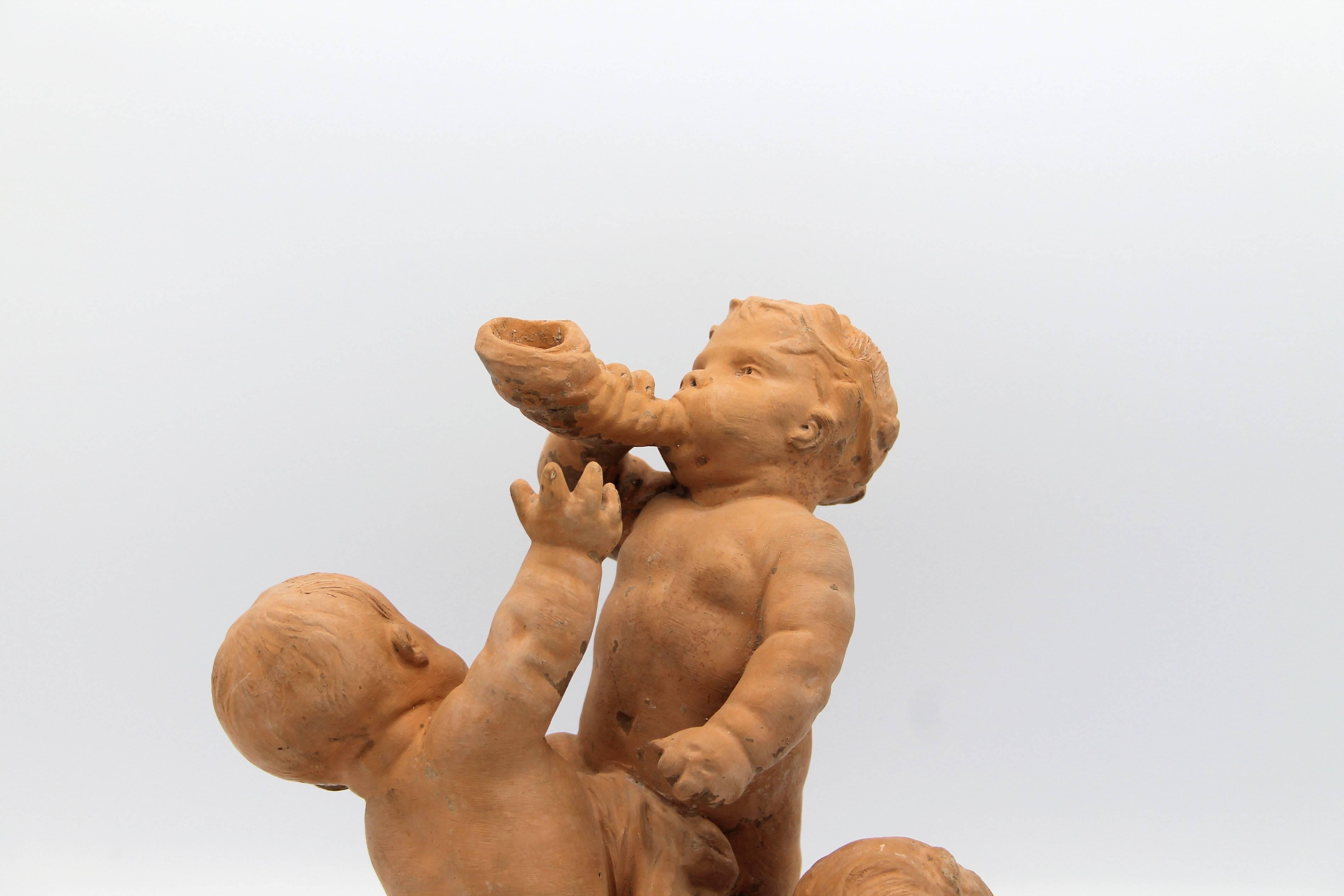 19th Century Edme Samson, Pair of Terracotta Sculptures of Playing Putti For Sale