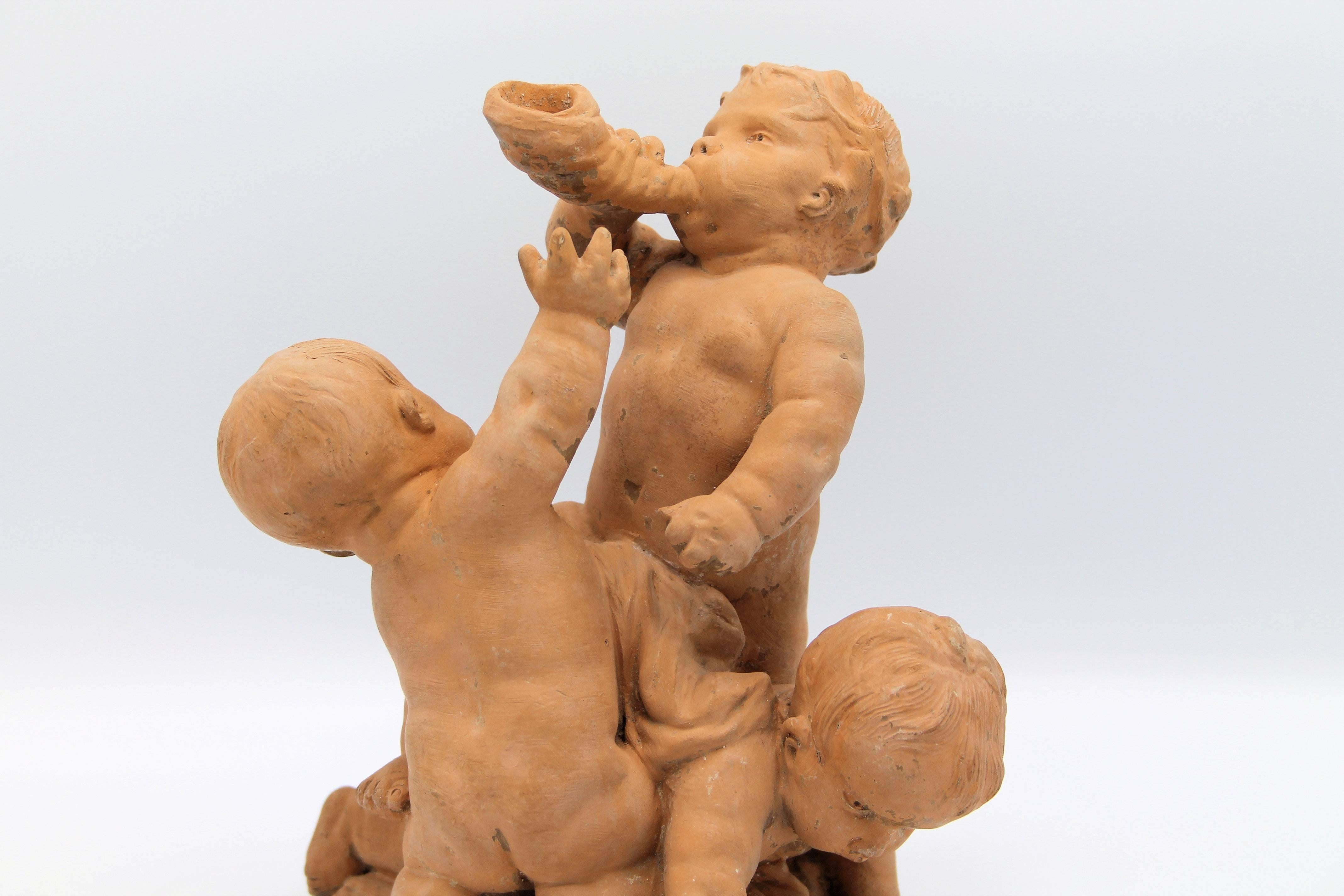 Edme Samson, Pair of Terracotta Sculptures of Playing Putti For Sale 1