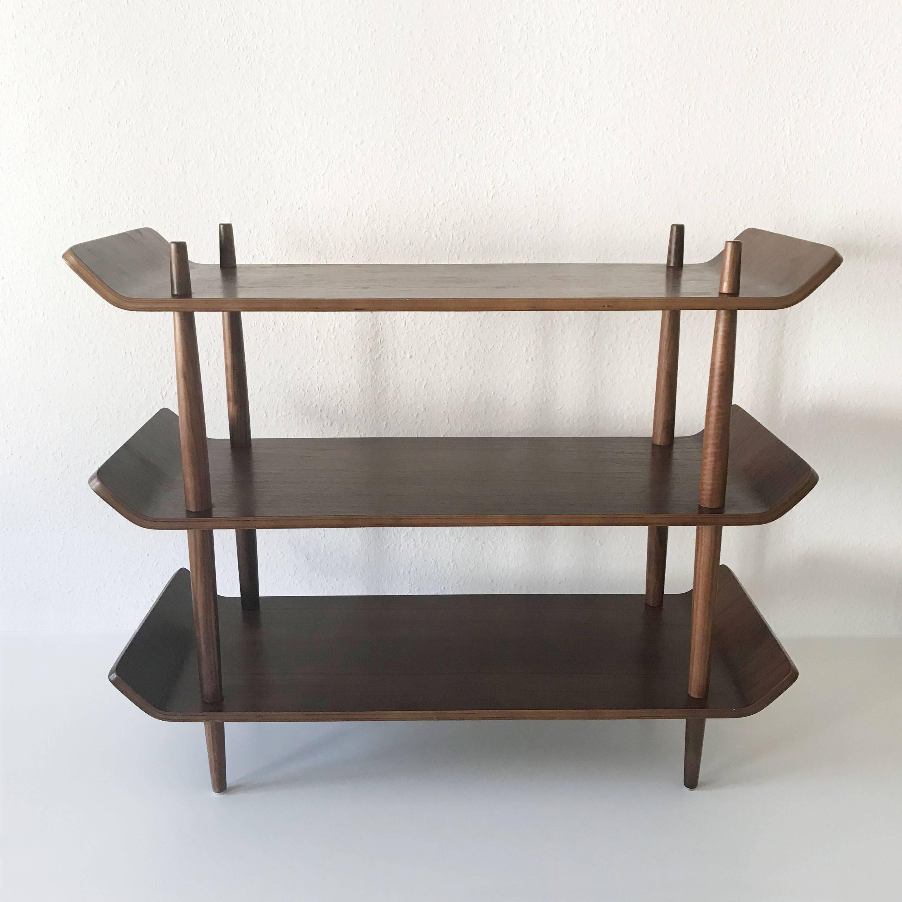 Elegant shelving unit or bookcase with three plates in teak plywood.