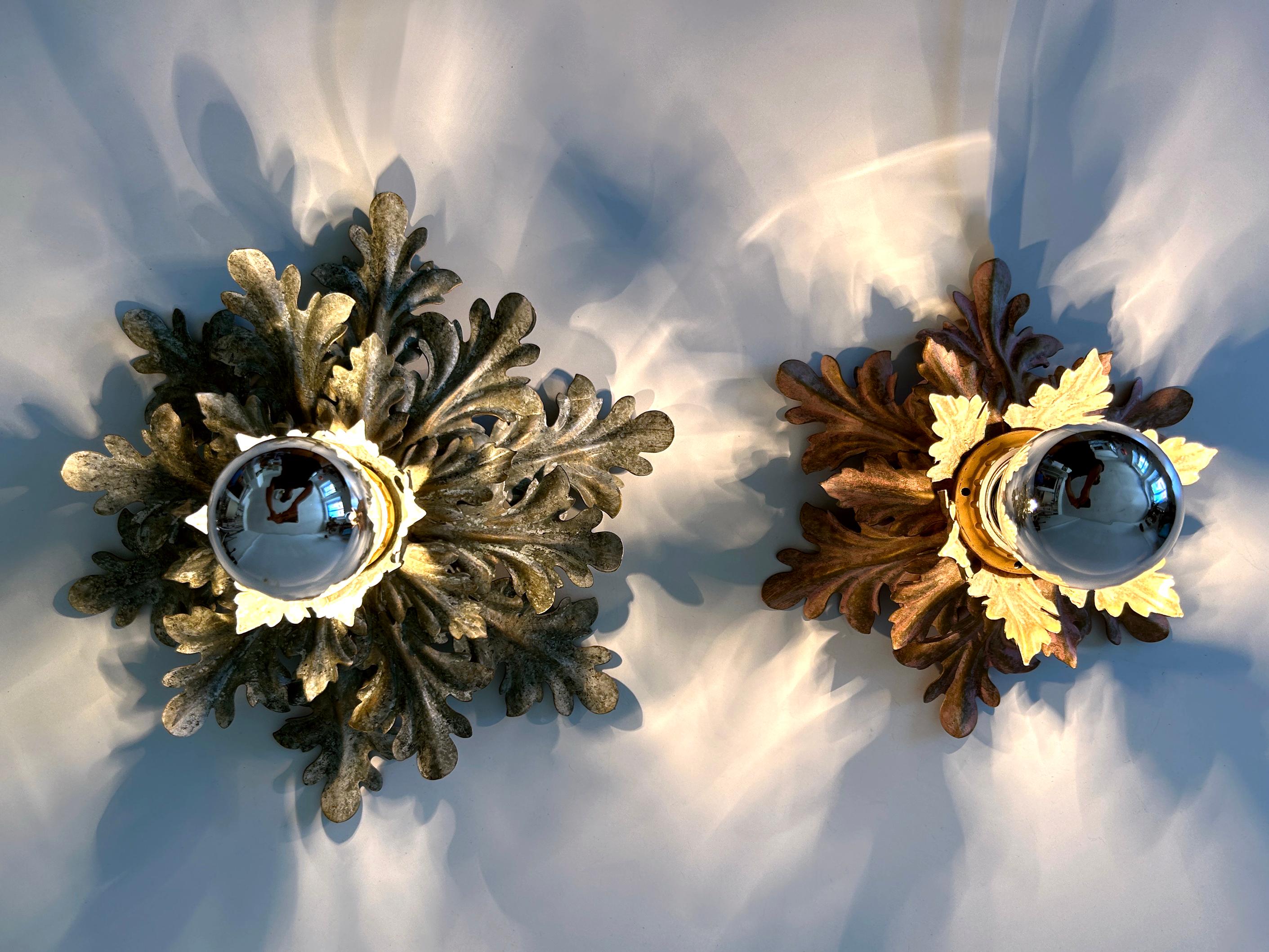 Metal Set of Two Mid-Century Floral Flush Mounts or Sconces by W. Müller Germany 1970s For Sale