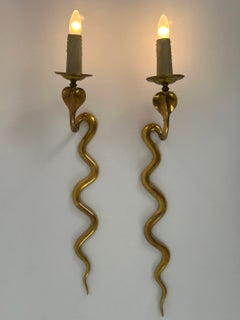 Set of Two Rare Cast Brass Cobra Sconces or Wall Lamps by Maison Jansen, 1950s