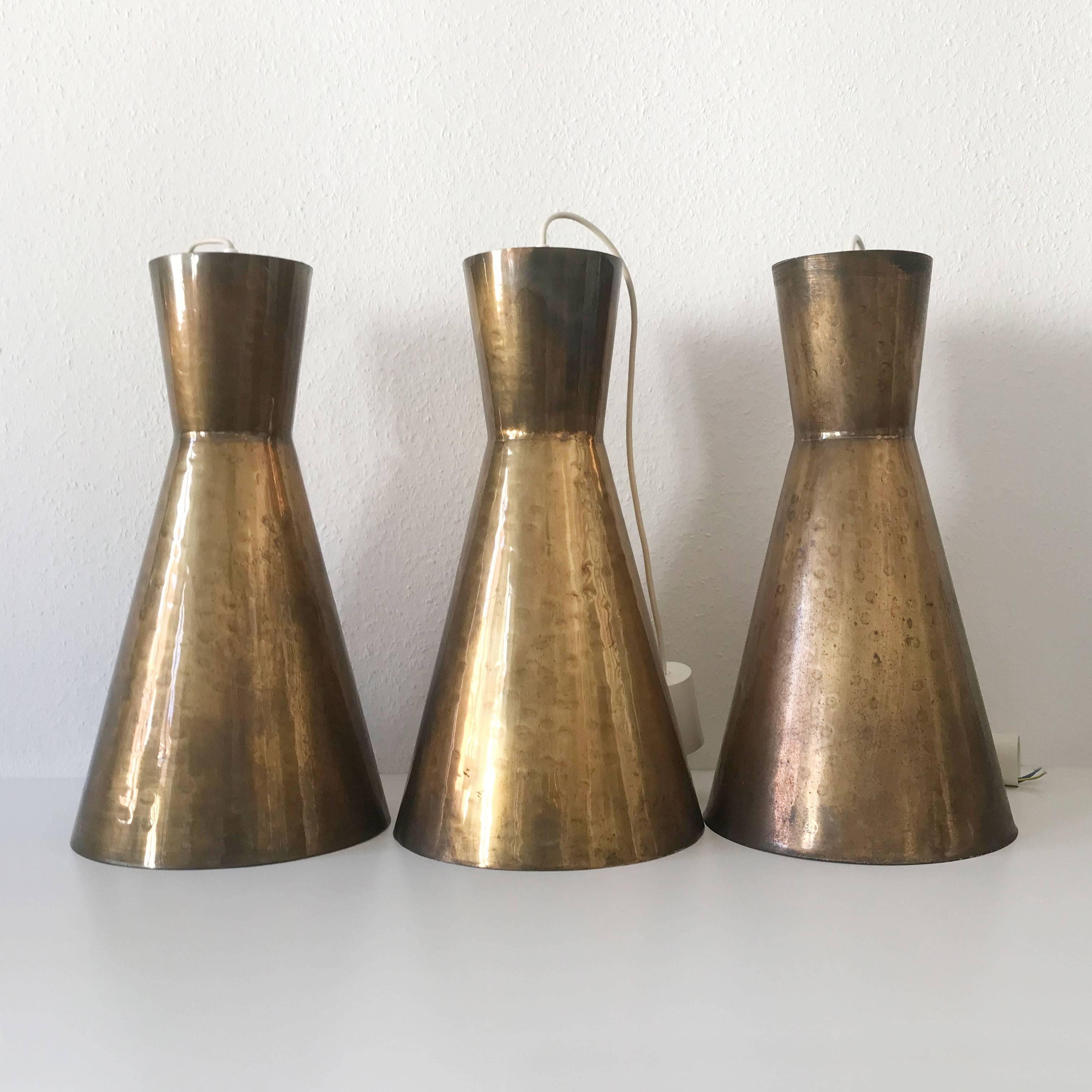 Hammered Set of Three Large Mid Century Modern Diabolo Brass Pendant Lamps Germany 1950s