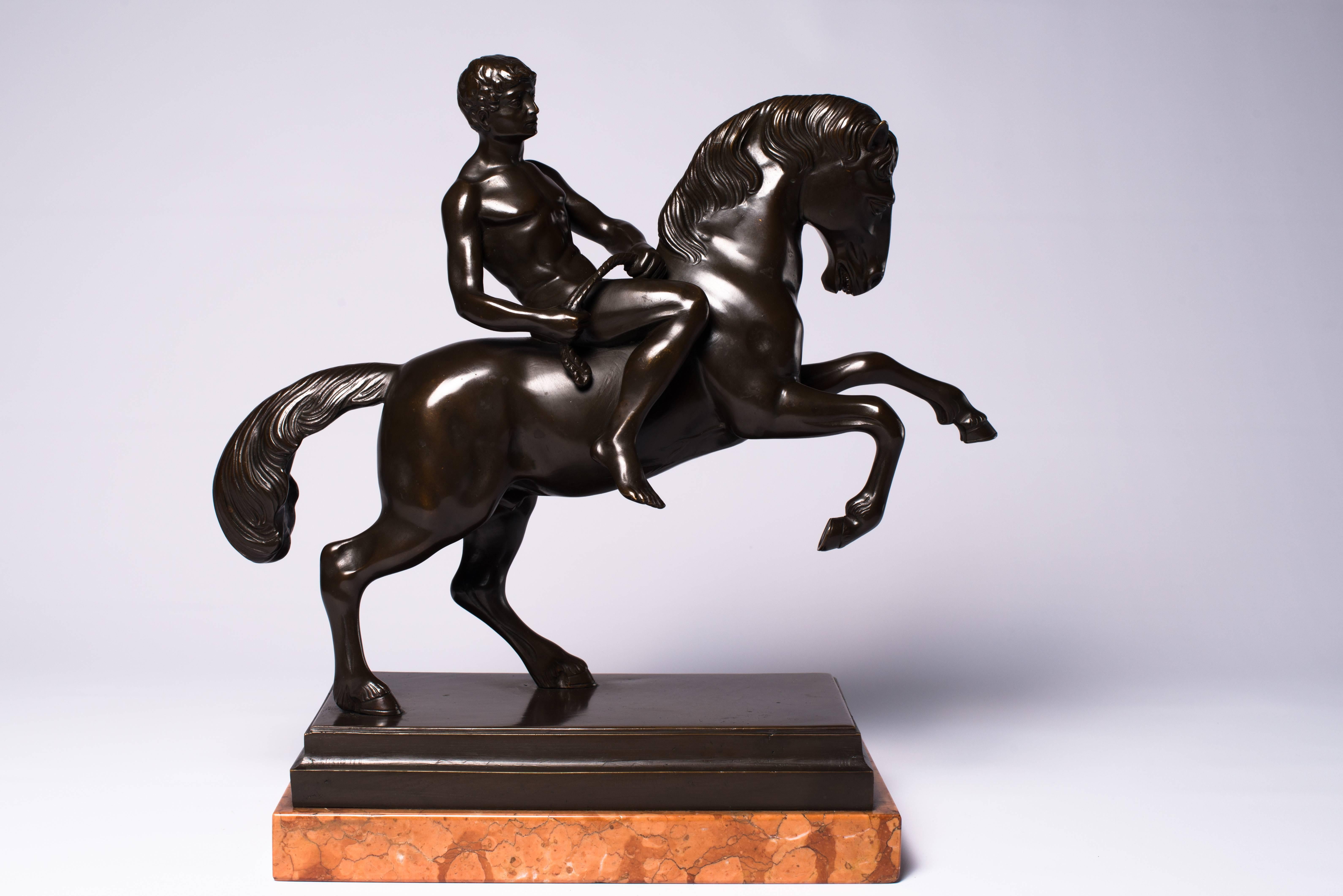 Cast Bronze Statue Horse with Athlete Marble Base For Sale