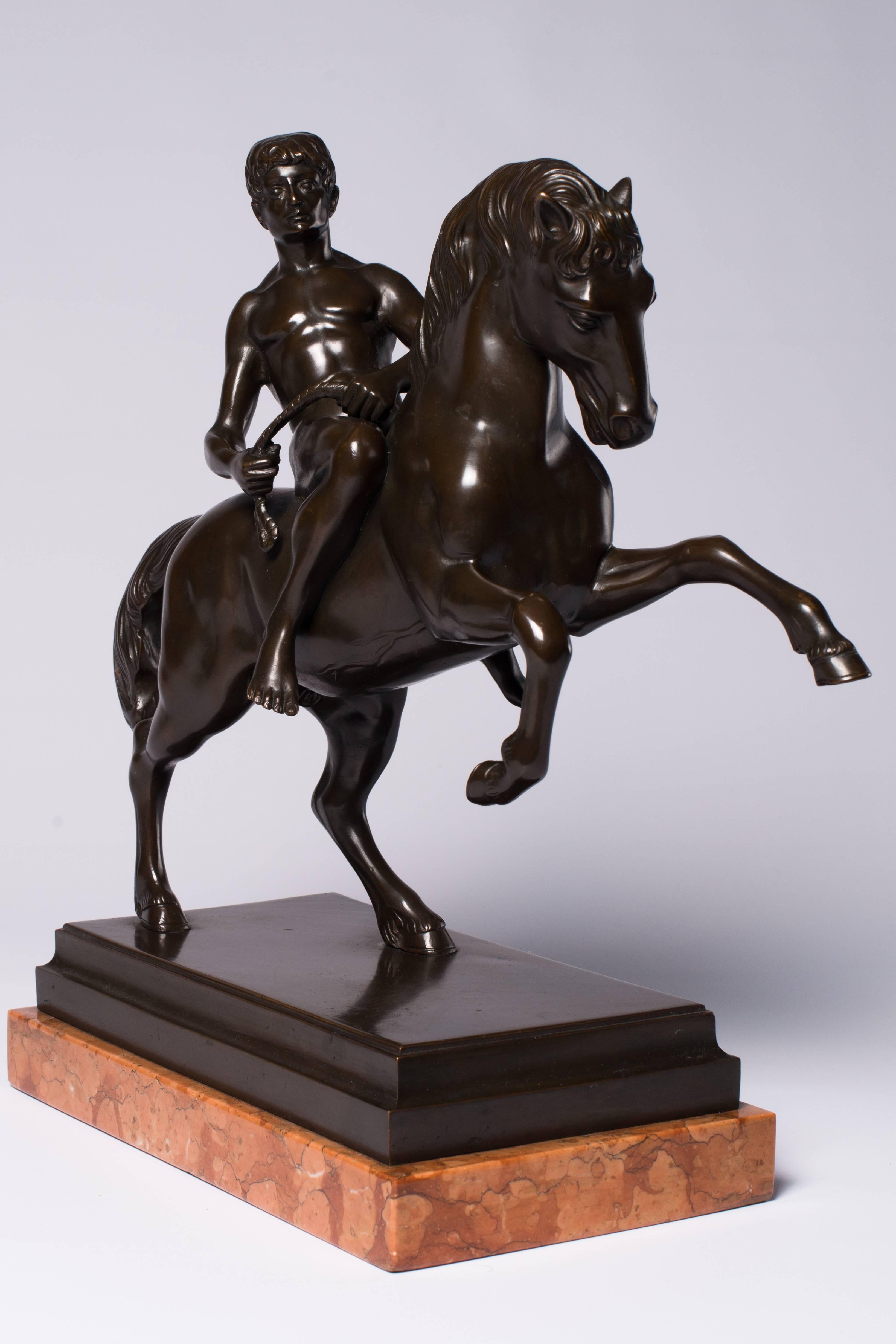 European Bronze Statue Horse with Athlete Marble Base For Sale