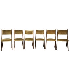 Six Mid-Century Modern Italian Scissor Shape Mahogany and Velvet Dining Chairs