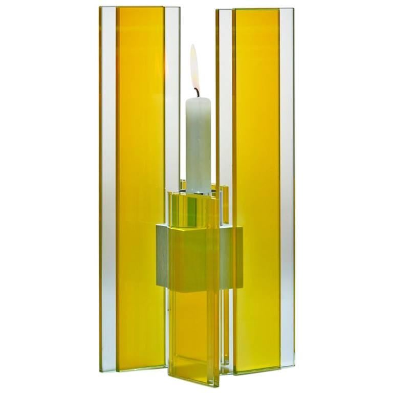  Contemporary Yellow Glass & Aluminum Candlestick For Sale
