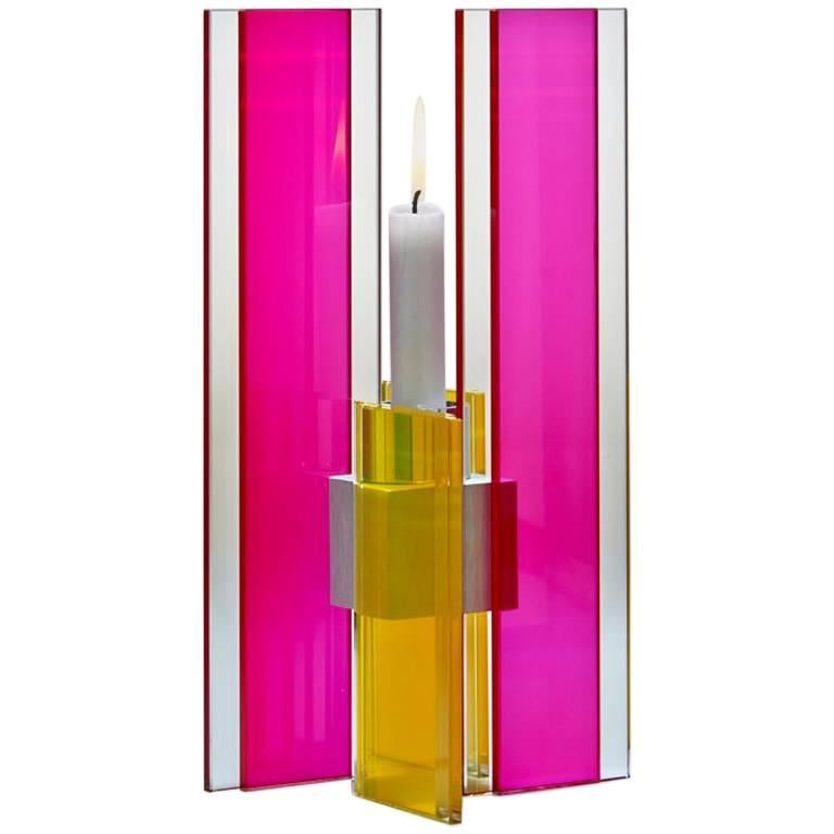  Contemporary Pink & Yellow Glass & Aluminum Candlestick For Sale