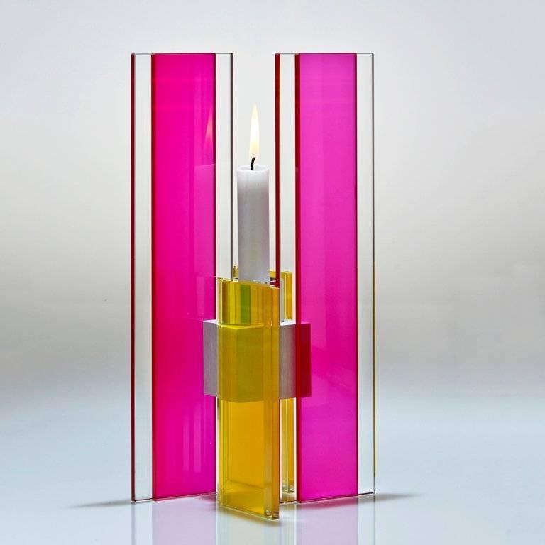 American  Contemporary Pink & Yellow Glass & Aluminum Candlestick For Sale