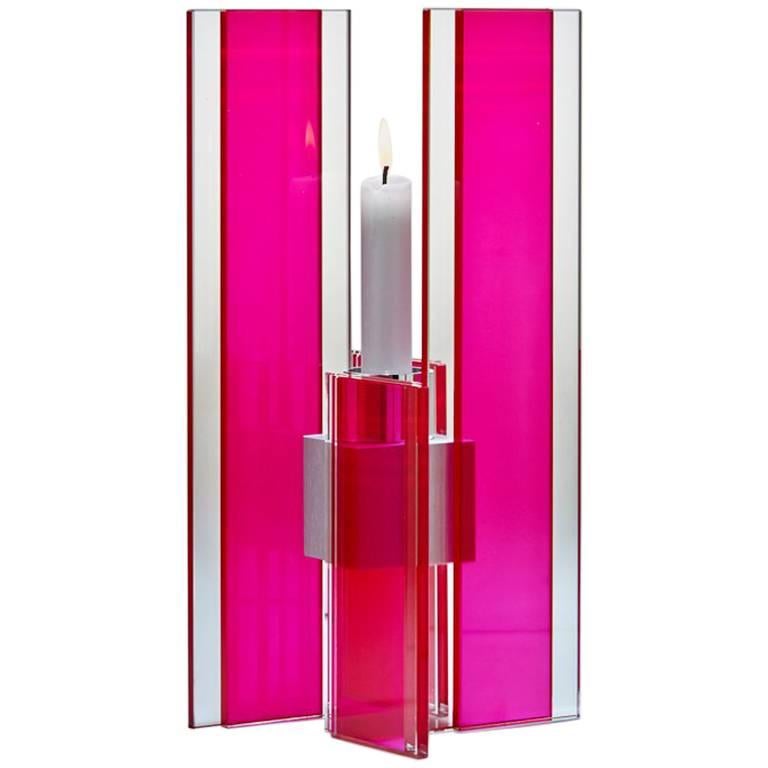 Contemporary Pink Glass & Aluminum Candlestick im Angebot