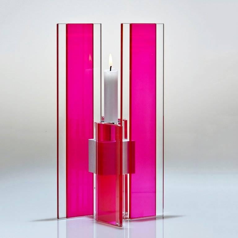 American Contemporary Pink Glass & Aluminum Candlestick For Sale