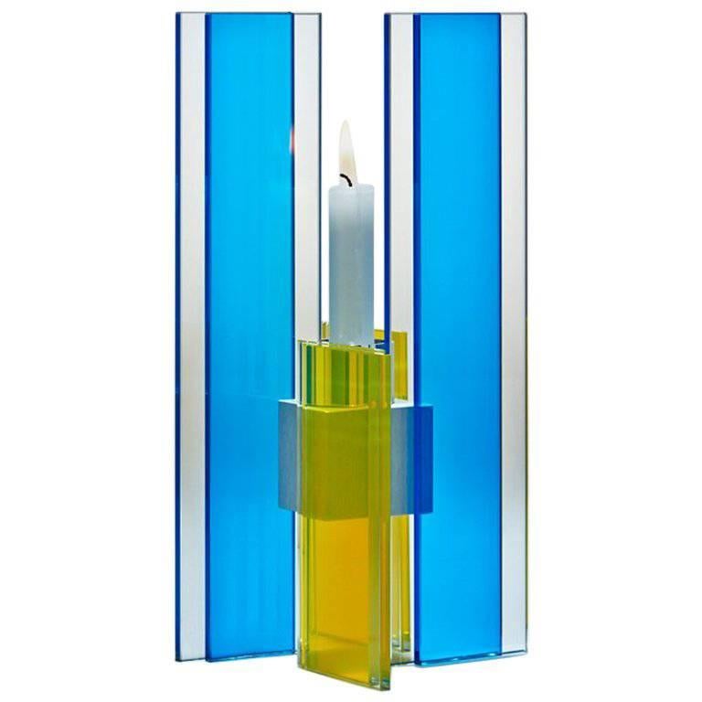 Contemporary Blue & Yellow Glass & Aluminum Candlestick For Sale