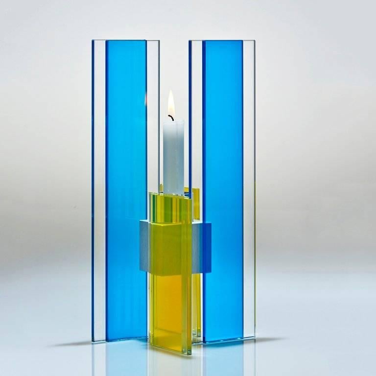 American Contemporary Blue & Yellow Glass & Aluminum Candlestick For Sale