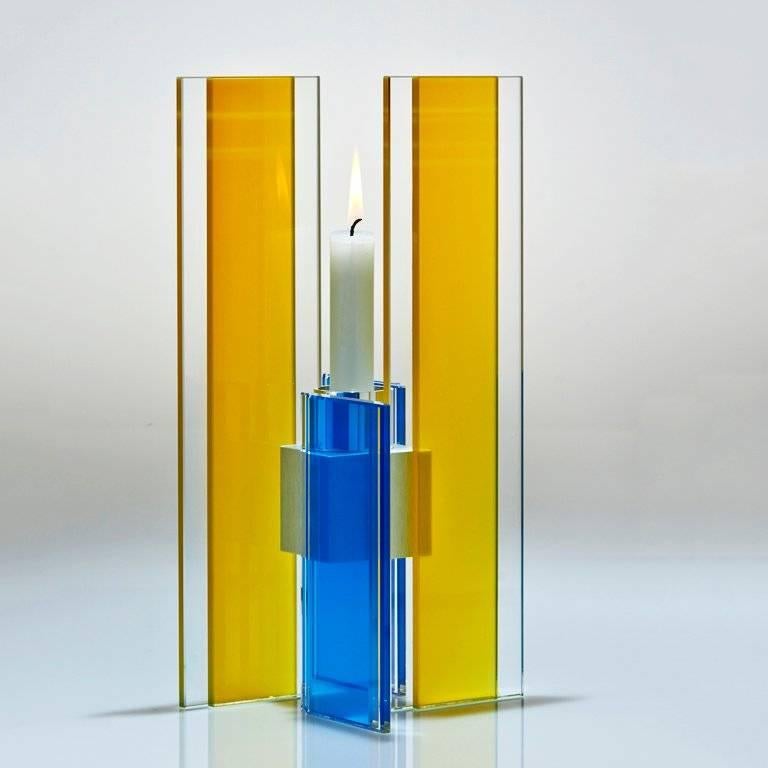 American Contemporary Yellow & Blue Glass & Aluminum Candlestick For Sale