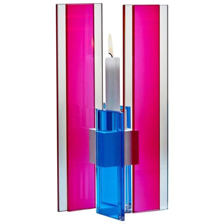 Contemporary Pink & Blue Glass & Aluminum Candlestick im Angebot