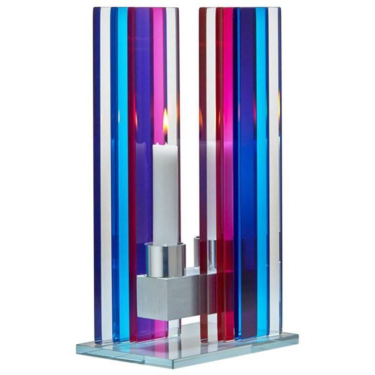 Contemporary Blue & Pink Glass & Aluminum Candlestick im Angebot