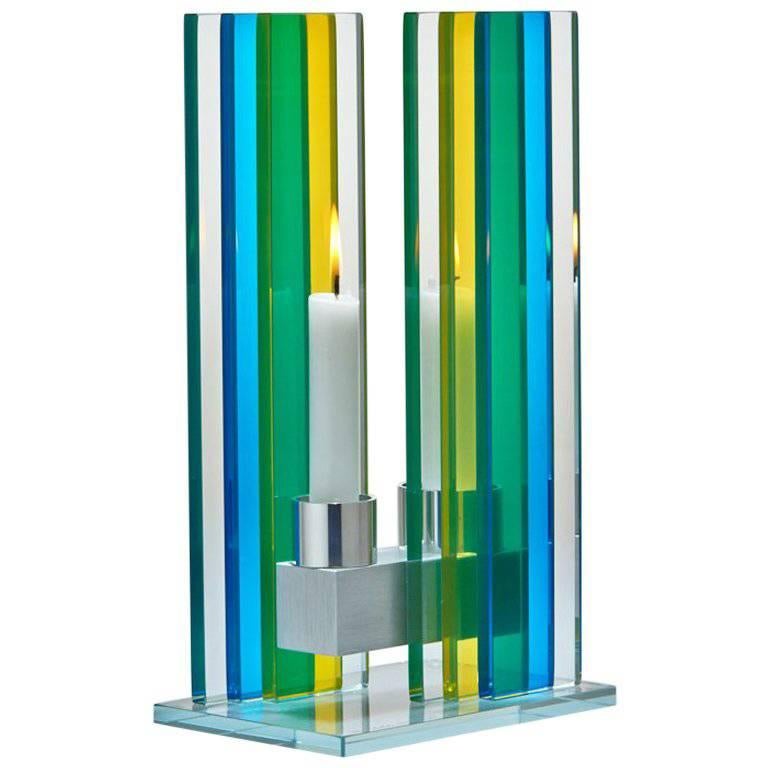 Contemporary Blue & Green Glass & Aluminum Candlestick  For Sale