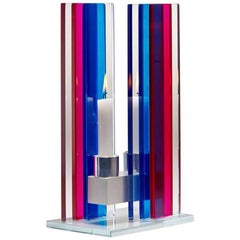 Contemporary Pink & Blue Glass & Aluminum Candlestick