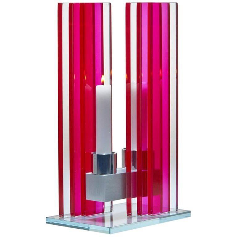 Contemporary Pink Glass & Aluminum Candlesick im Angebot