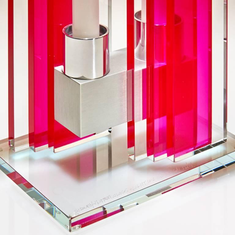 Modern Contemporary Pink Glass & Aluminum Candlesick For Sale