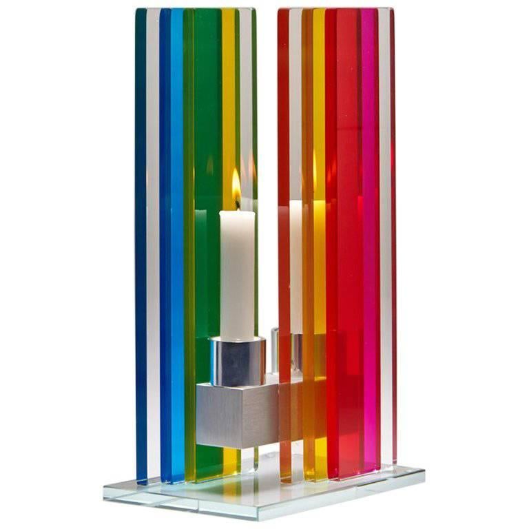 Contemporary Rainbow Colored Glass & Aluminum Candlestick  im Angebot