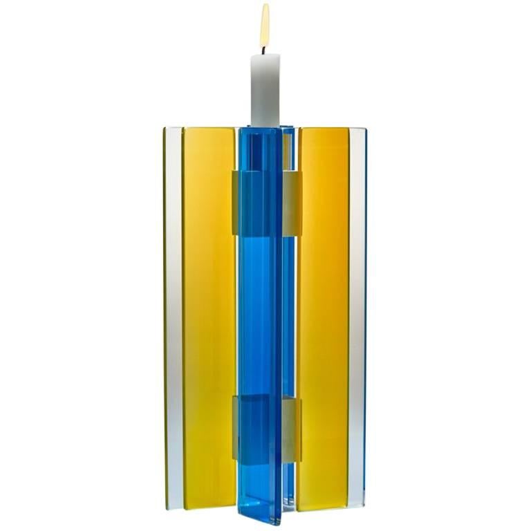 Contemporary Blue & Yellow Glass & Aluminum Candlestick For Sale