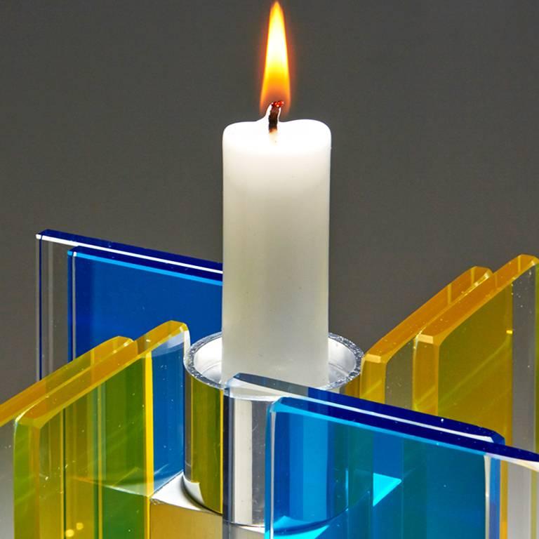 Modern Contemporary Blue & Yellow Glass & Aluminum Candlestick For Sale