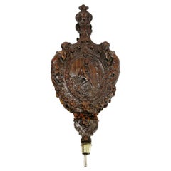 Antique Early 19th Century Oak Wooden Bellows Richly Carved with a Mythological Scene