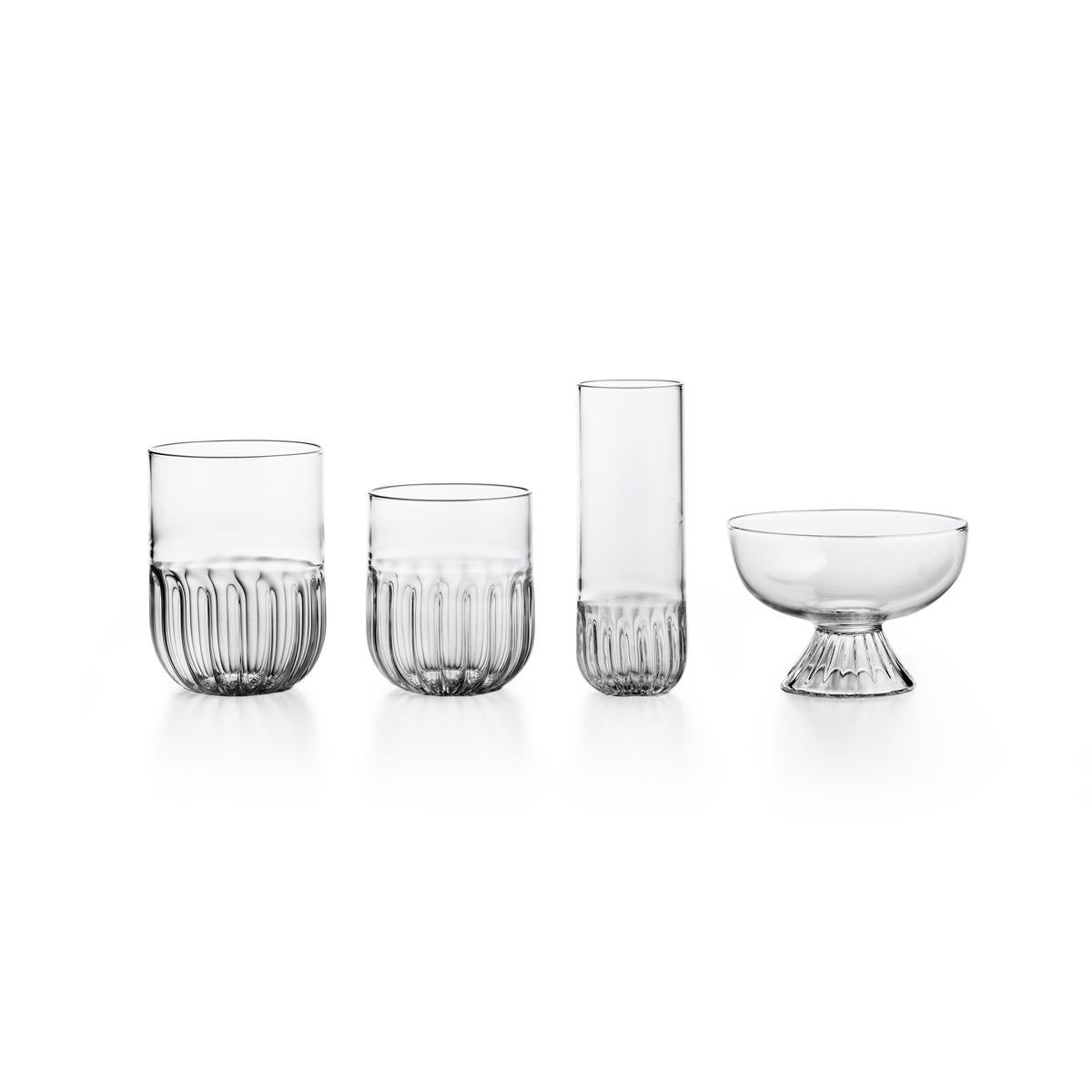 Mouth blown cup, set of 4. The routine collection is a glassware family designed by Matteo Cibic, who define it as “an essential collection for a smart daily life”. All the pieces of Routine are handcrafted and feature a soft plissé motif at the