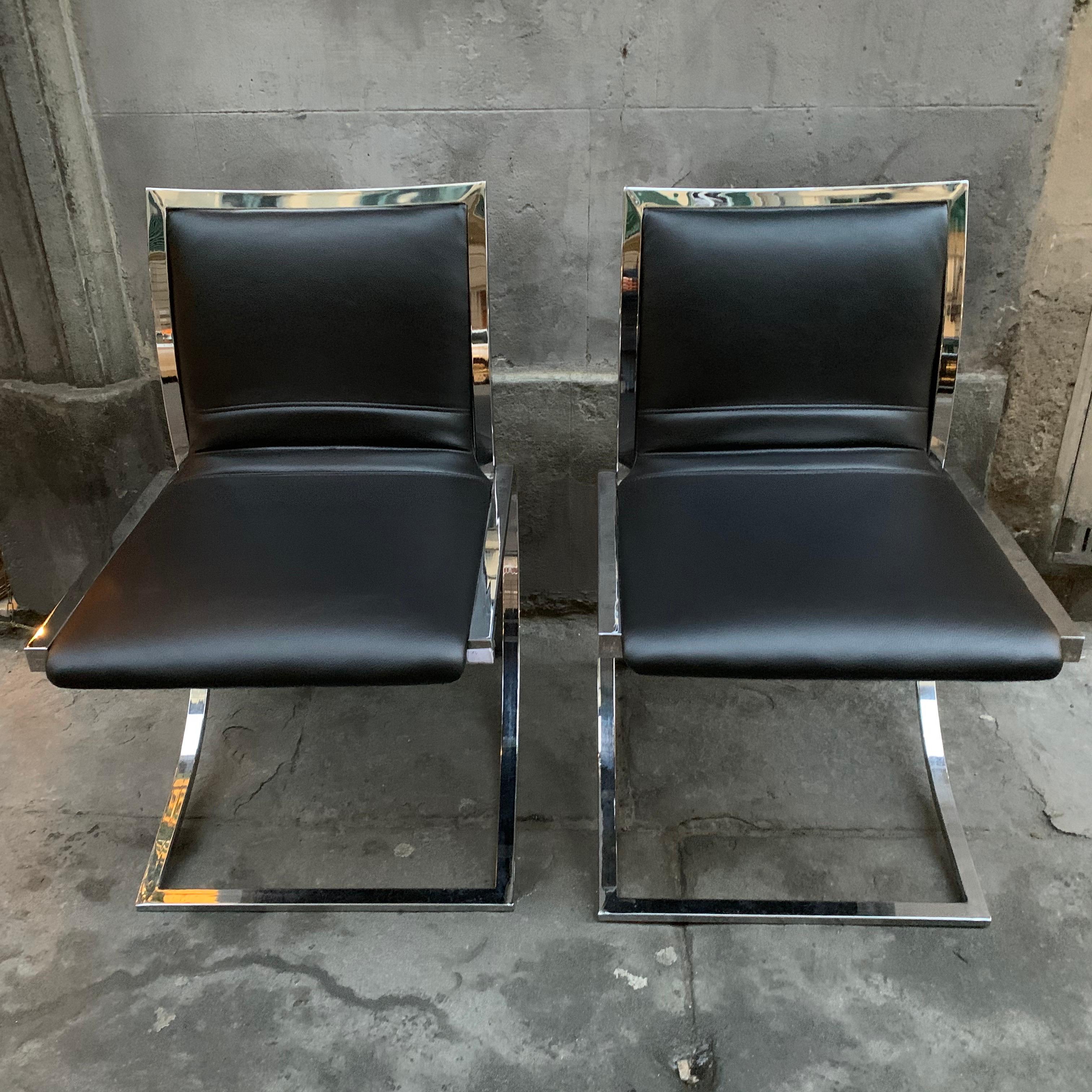 Late 20th Century Set of Six Chairs Willy Rizzo Style, Steel Structure and Black Eco Leather, 1970