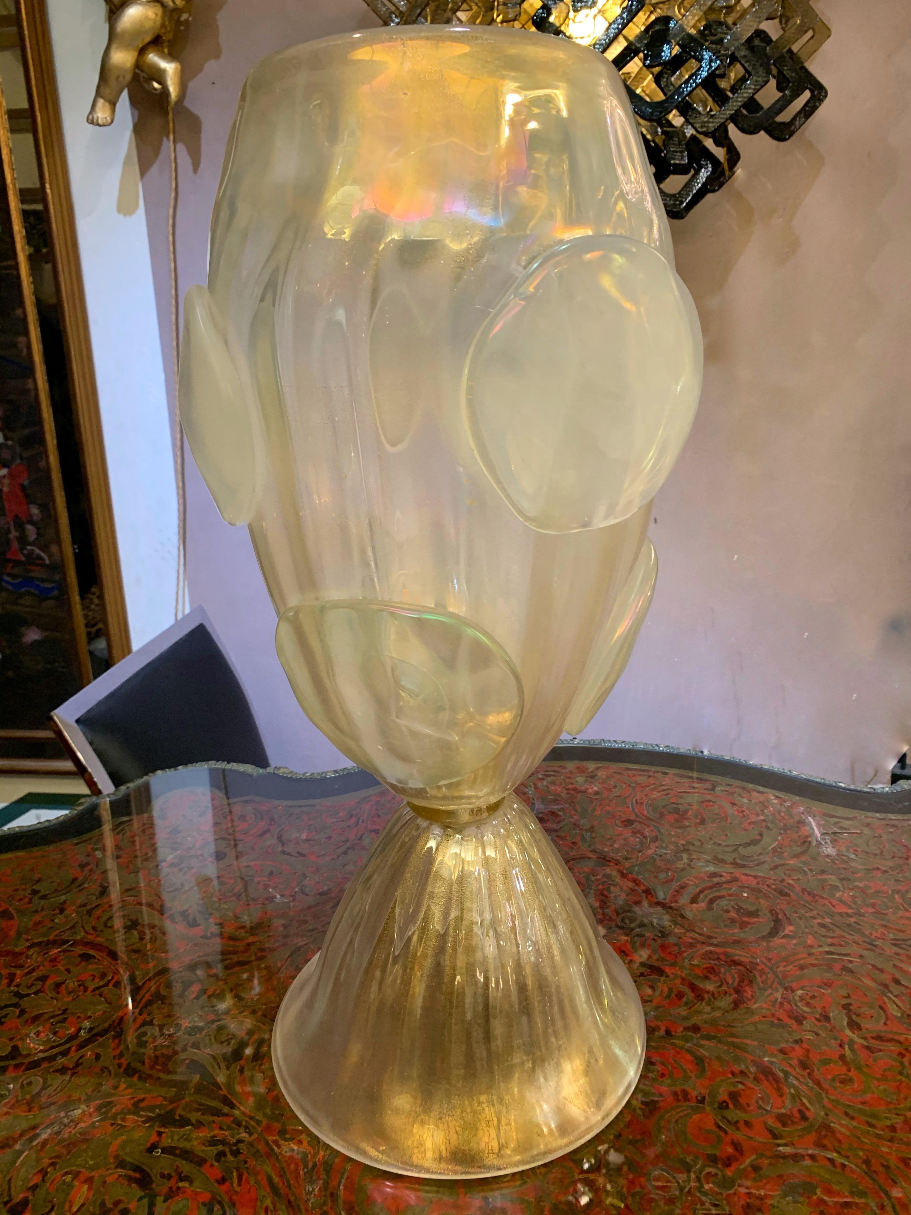 Pair of Gold Flecks Murano Glass Table Lamps Iridescent Effect, 1950s 8