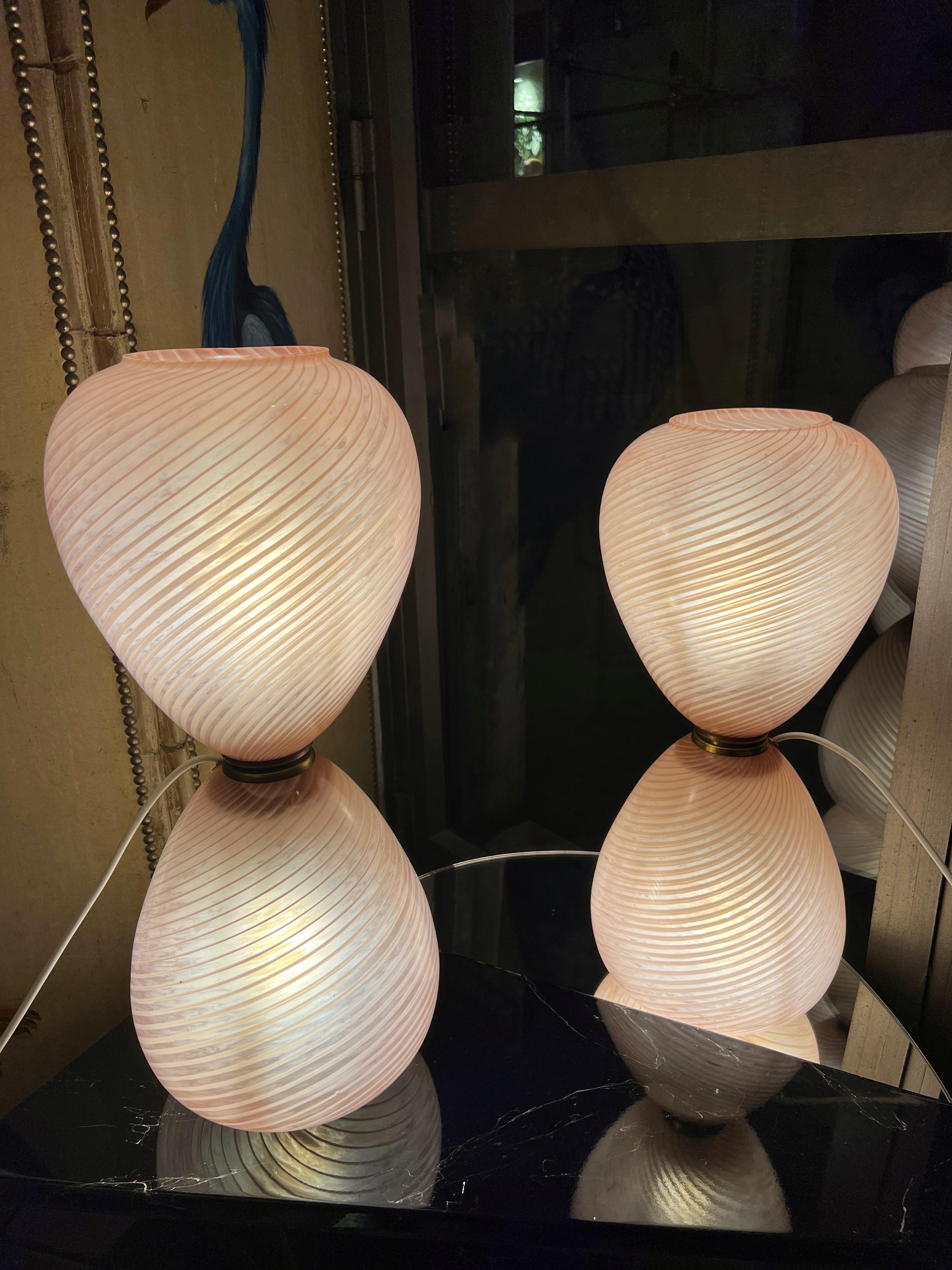 Pair of Pink Pale Blown Glass Murano Hourglass Table Lamps, 1950s For Sale 6