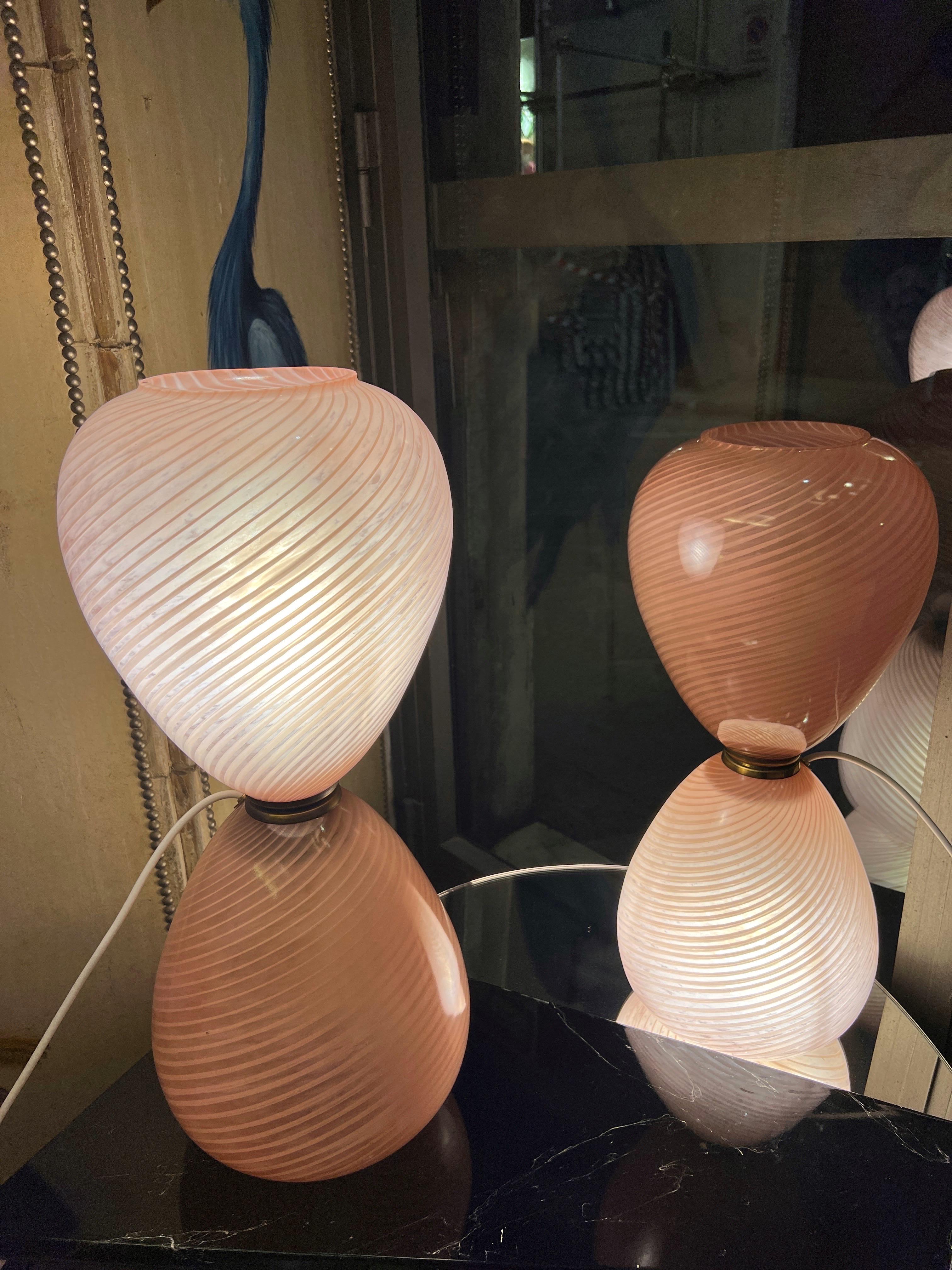 Pair of Pink Pale Blown Glass Murano Hourglass Table Lamps, 1950s For Sale 7