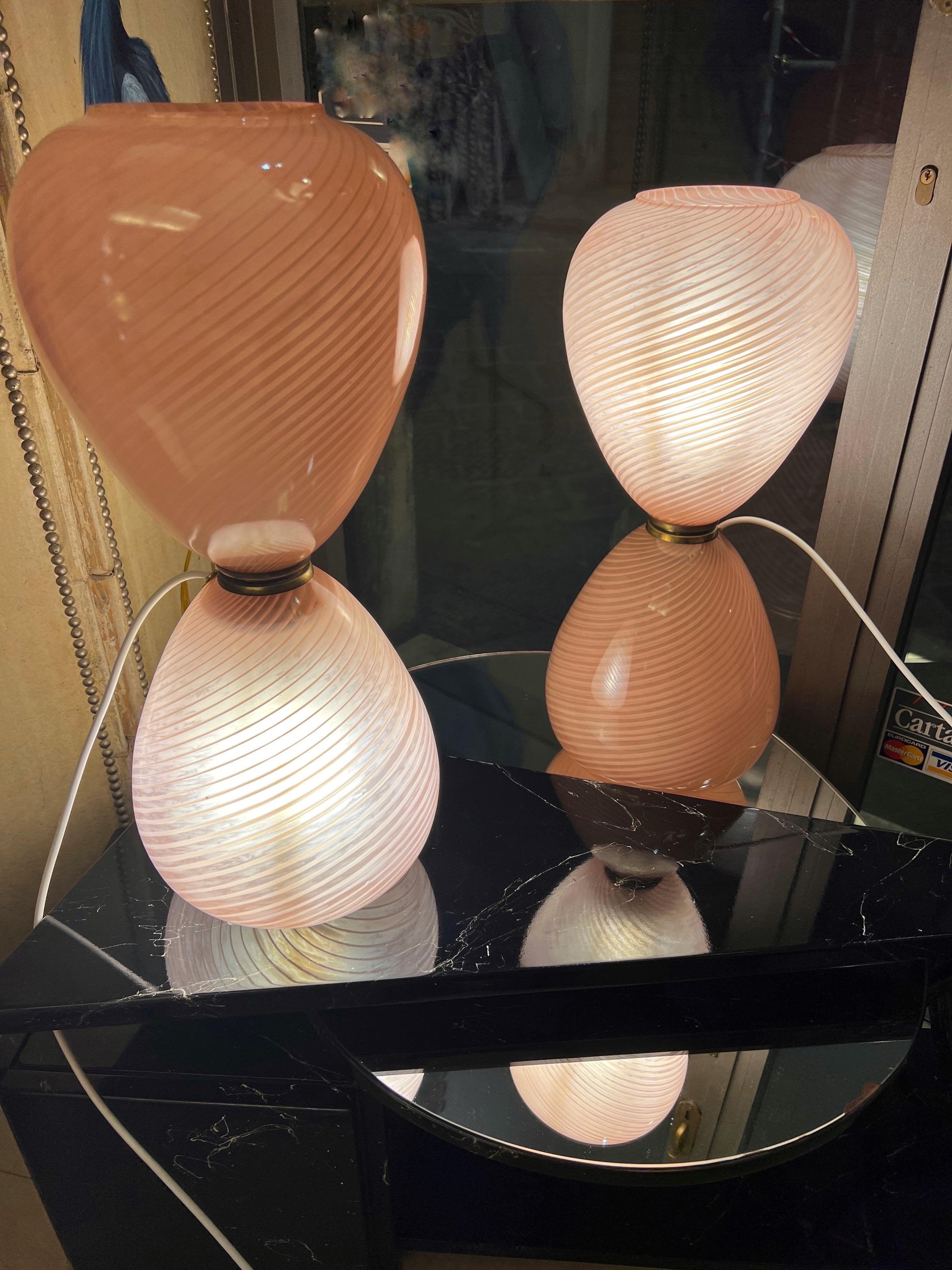 Pair of Pink Pale Blown Glass Murano Hourglass Table Lamps, 1950s For Sale 8