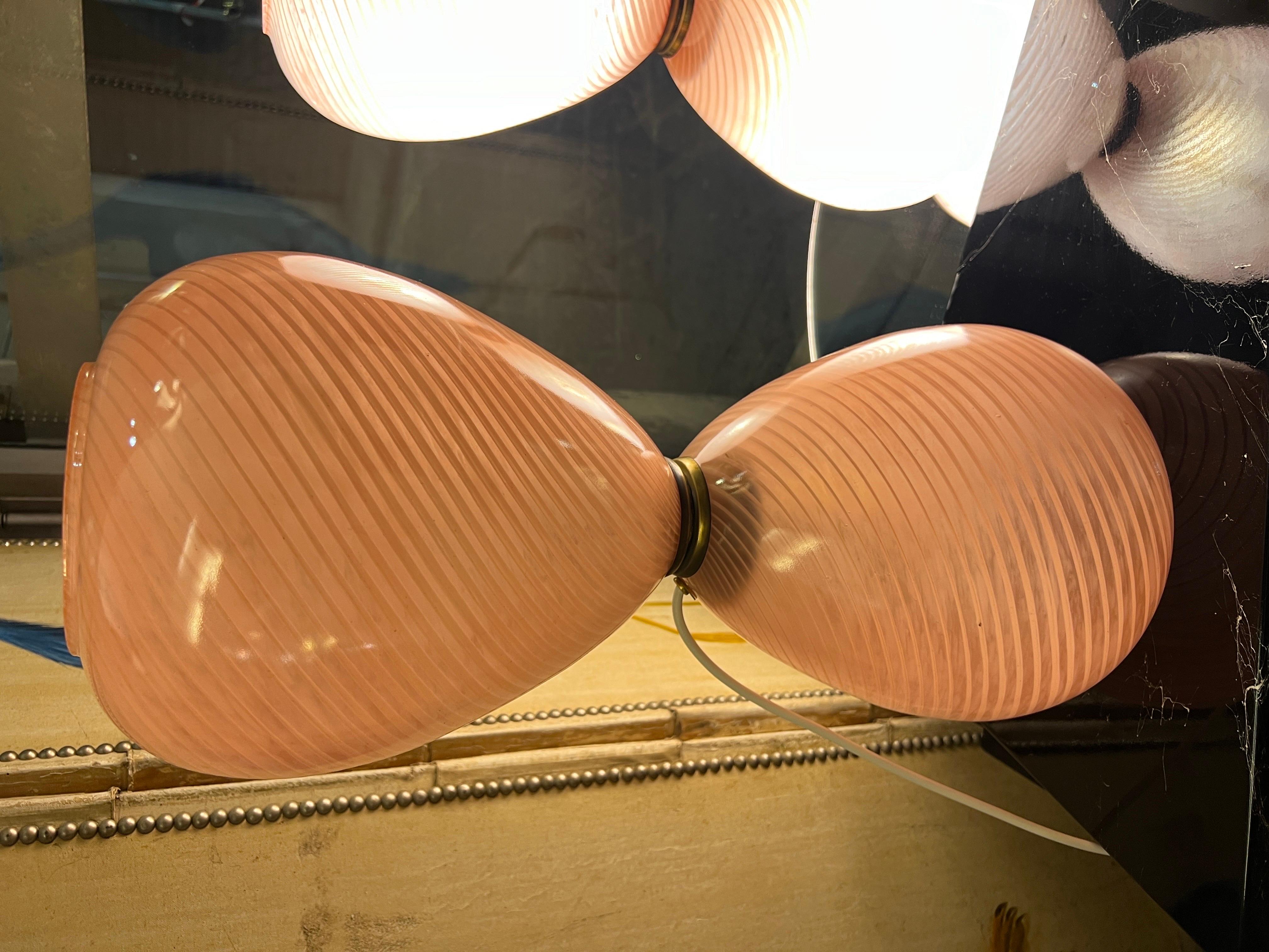 Pair of Pink Pale Blown Glass Murano Hourglass Table Lamps, 1950s For Sale 11