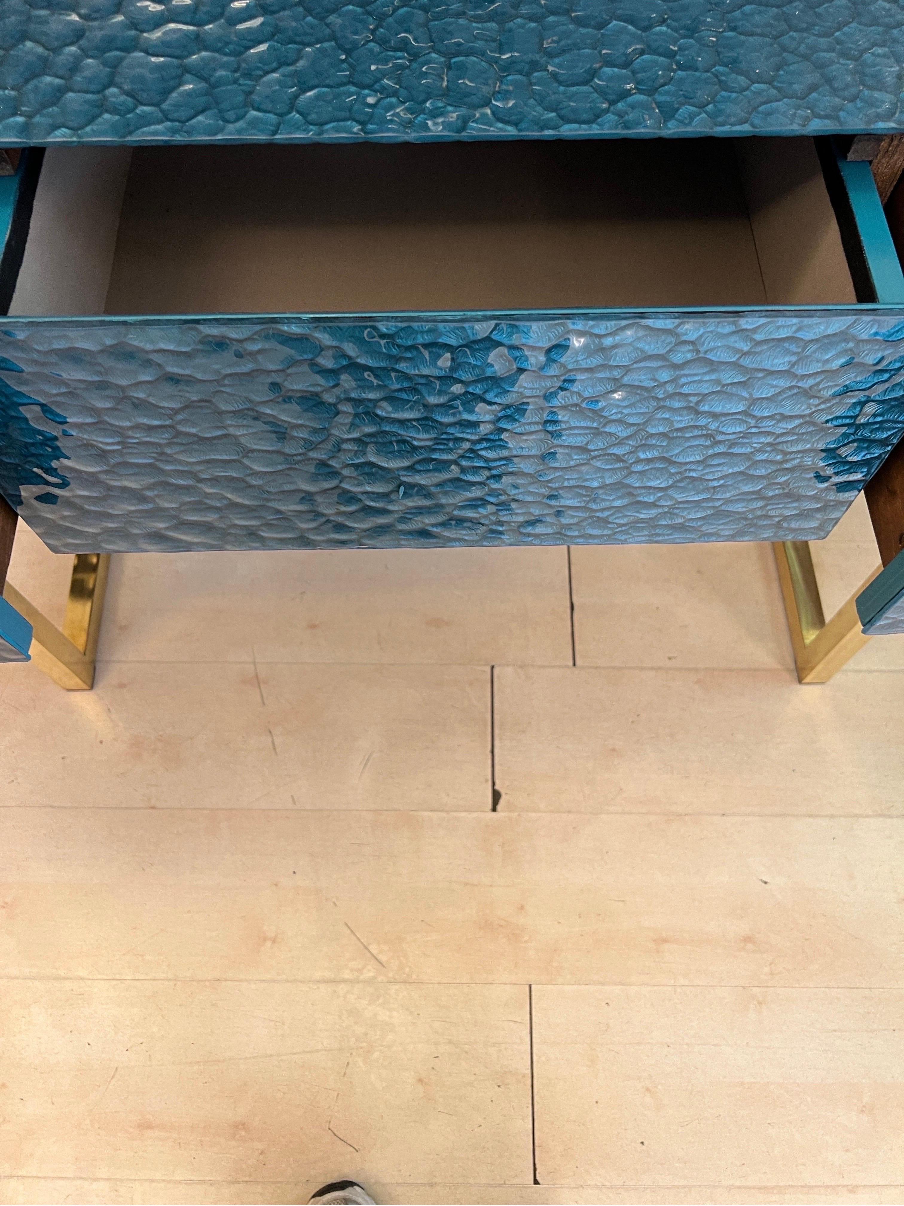Murano Glass Petrol Green Murano Ashlar Glass and Brass Console Table with Three Drawers 2000 For Sale