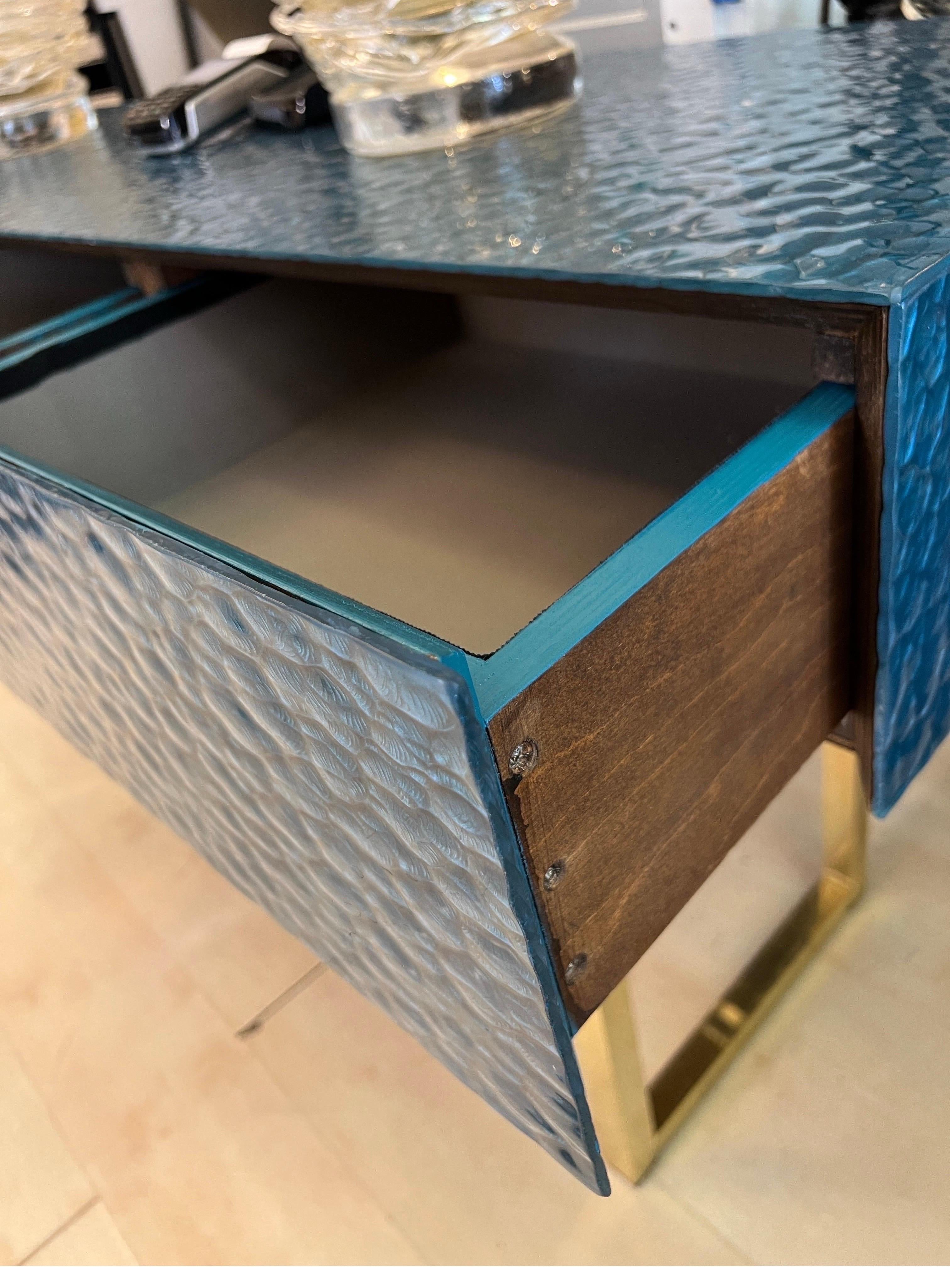 Console de Murano en verre de frêne et laiton vert pétrole avec trois tiroirs 2000 en vente 1