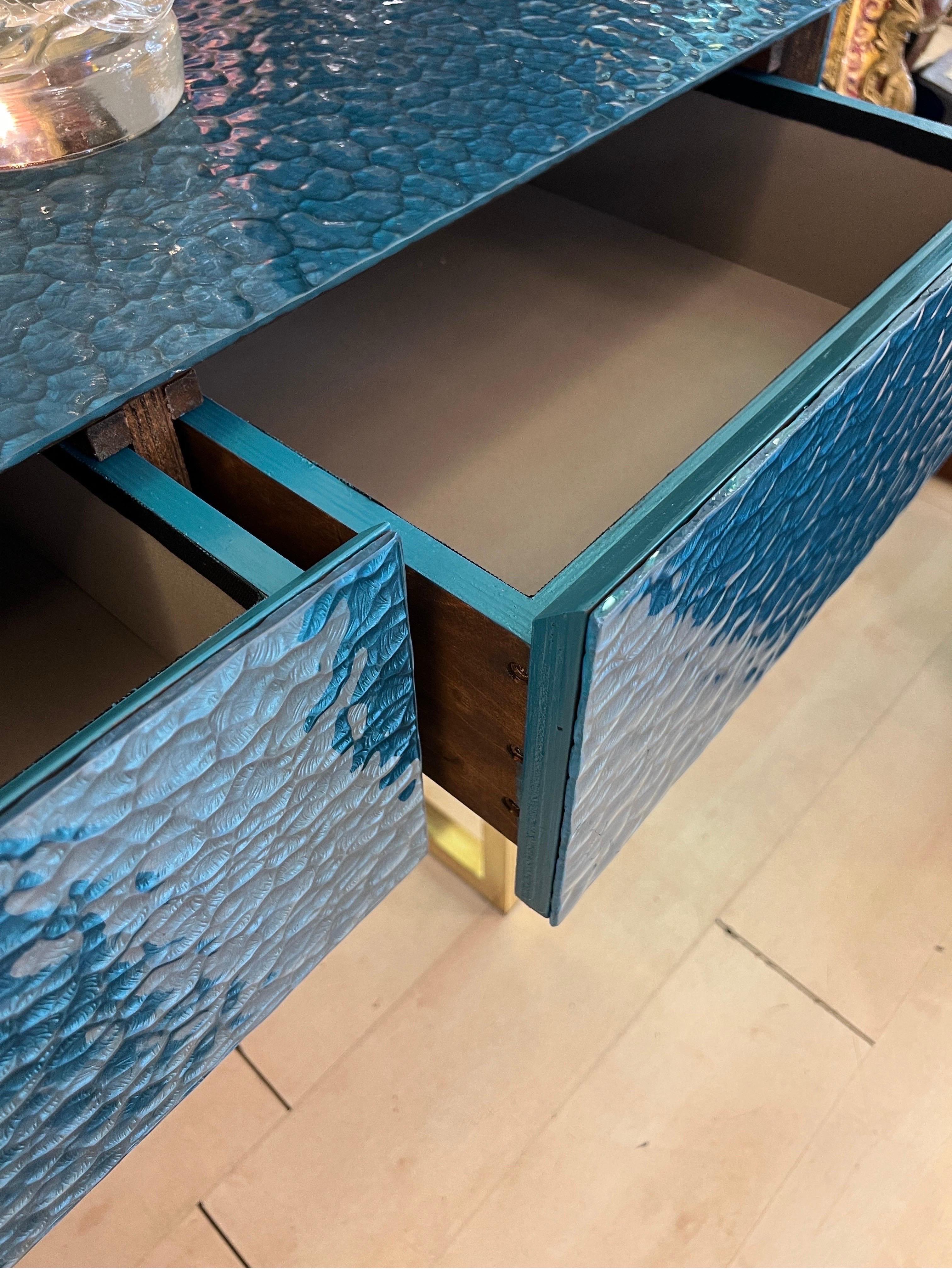 Console de Murano en verre de frêne et laiton vert pétrole avec trois tiroirs 2000 en vente 2