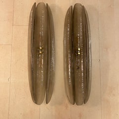 Pair of Elongated Concave Fumé Murano Glass Leaf Wall Sconces