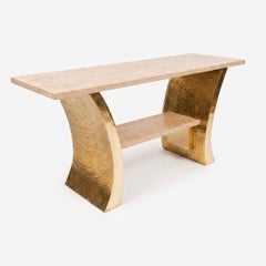 Pair of Italian Travertine Marble and Hammered Brass Console Tables, 1970s