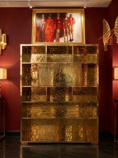 Scratched Brass Bookcase with Mirrored Bar Cabinet designed by Pandora Decor