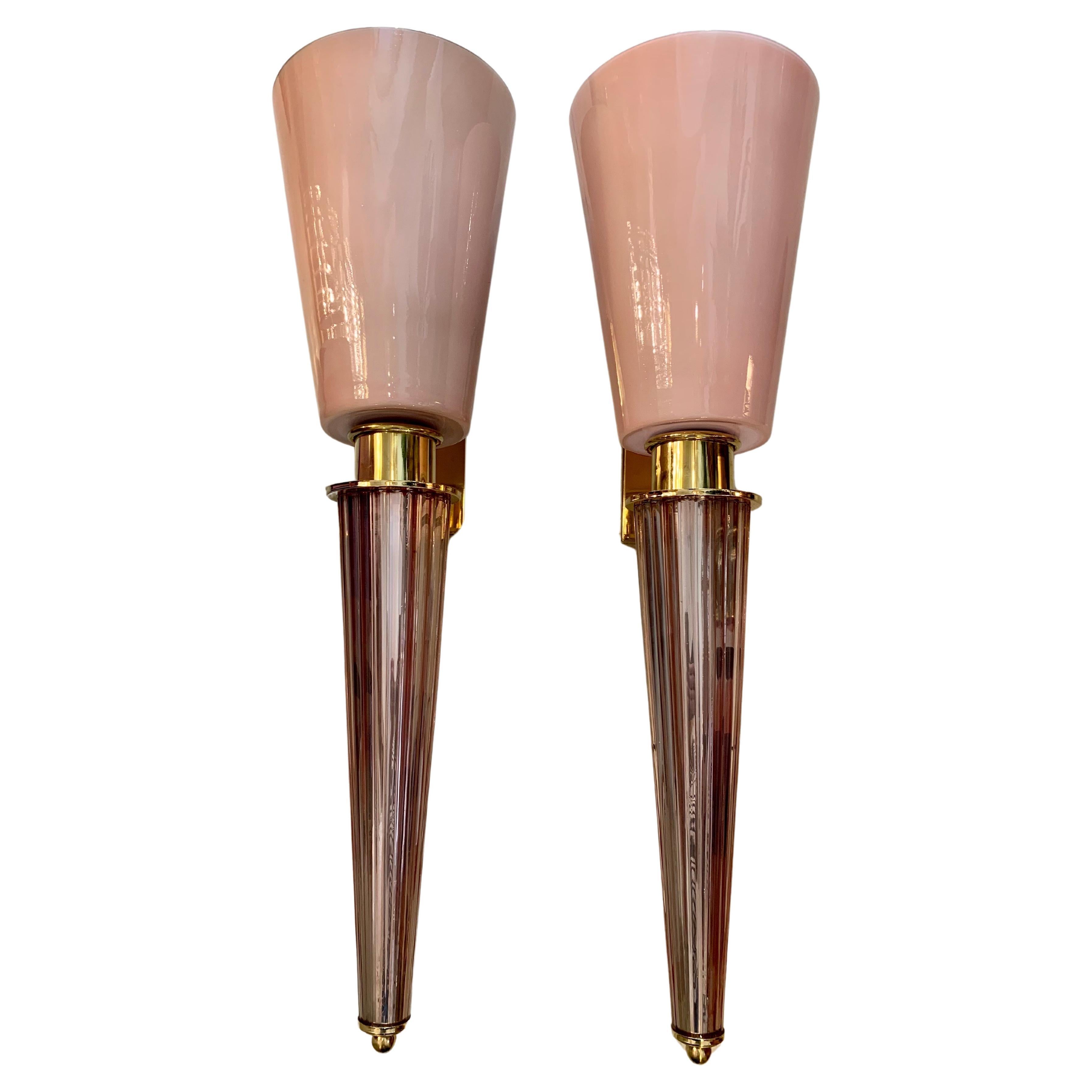 Pair of Art Deco Pink Conical Murano Wall Sconces, Brass Fittings, 1940s For Sale