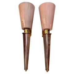 Pair of Art Deco Pink Conical Murano Wall Sconces, Brass Fittings, 1940s