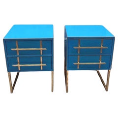 Vintage Turquoise Opaline Glass Nightstands, Brass Handles and Inlays, 1980