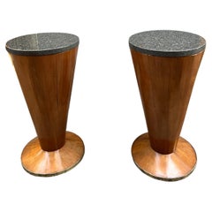 Vintage Pair of Art Deco Conical Cherry Wood Side Tables with Marble Top 1940s