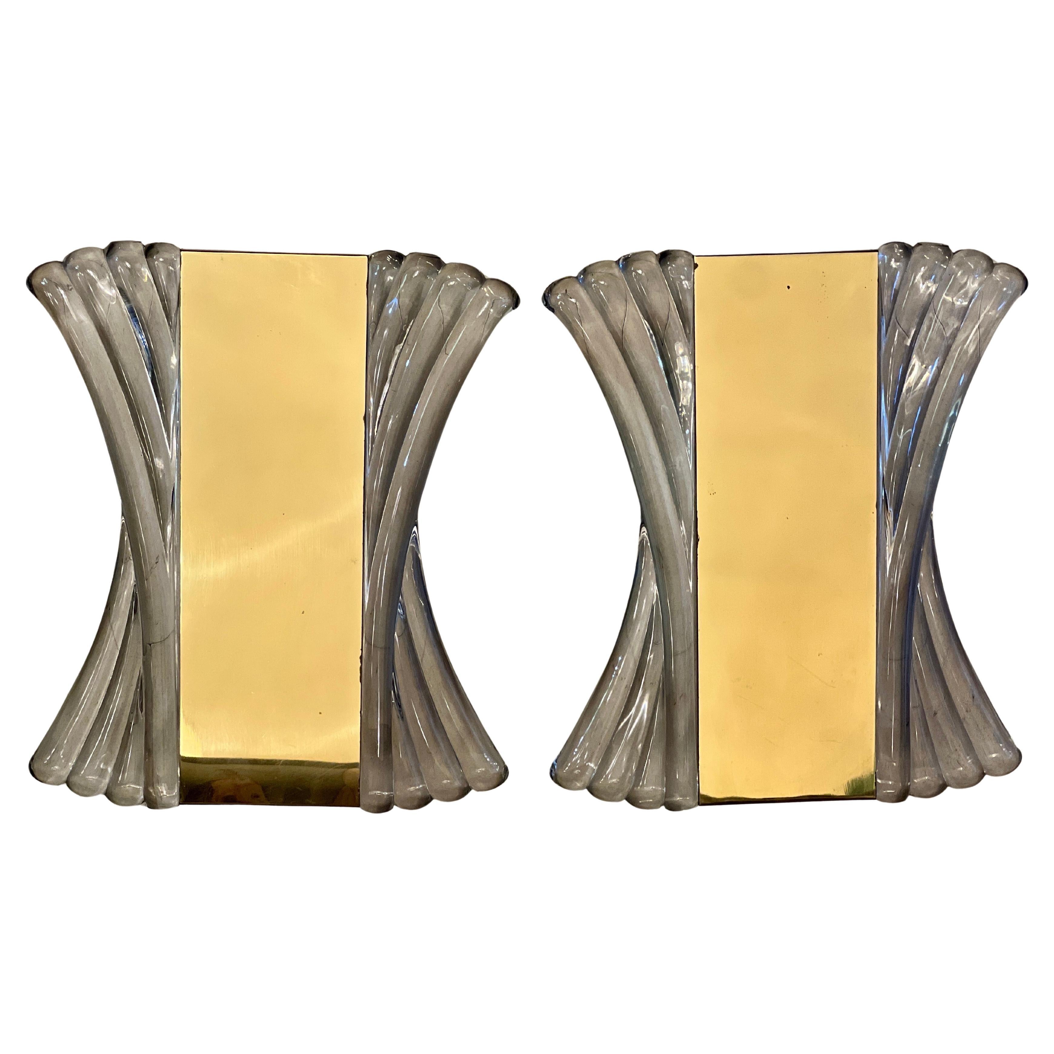 Coppia di lampade da parete in ottone e vetro trasparente di Murano, anni '40 in vendita 7