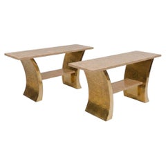 Pair of Italian Travertine Marble and Hammered Brass Console Tables, 1970s