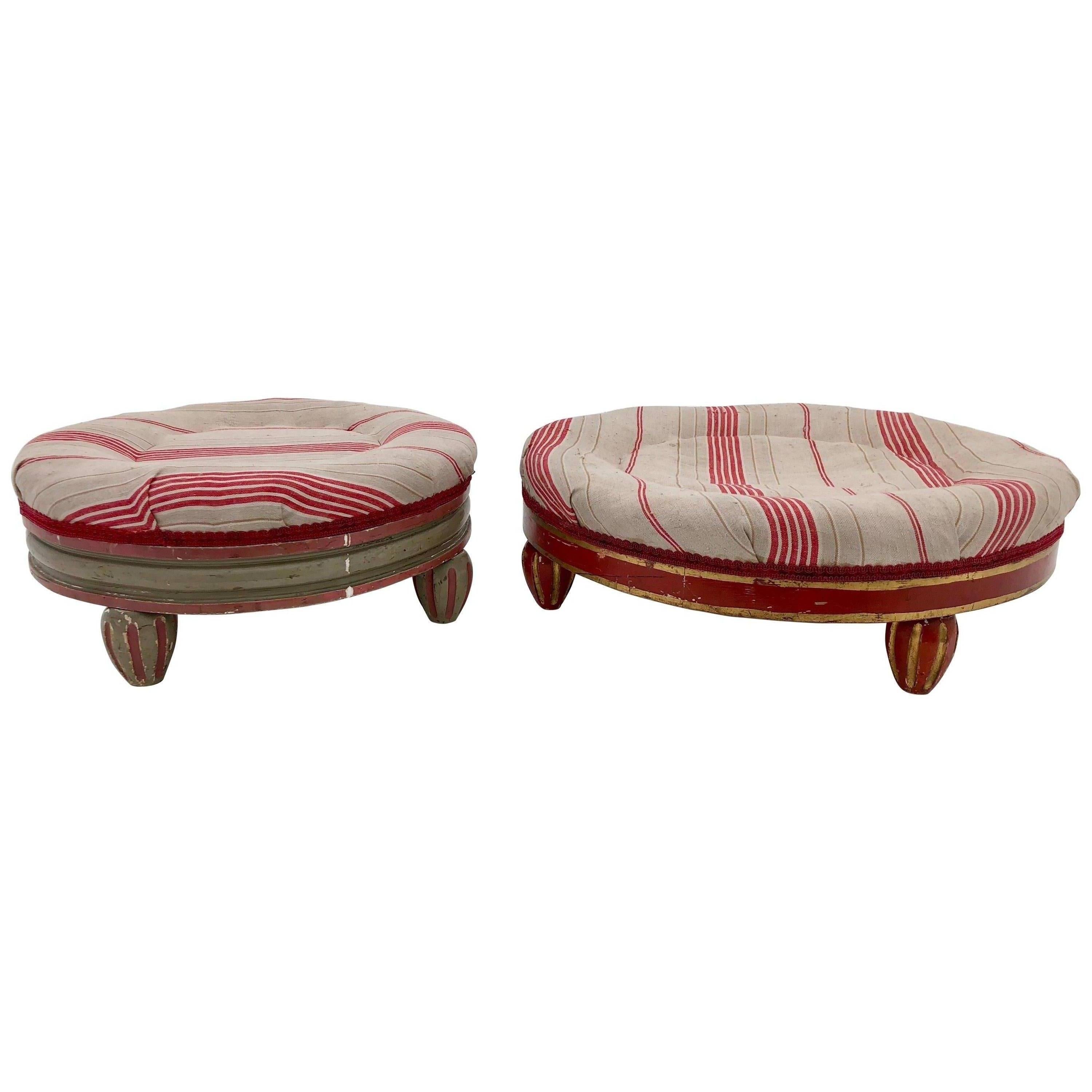 Two French Round Footstools Padded with Hay, Red Stripe Linen Tops, Late 1800s